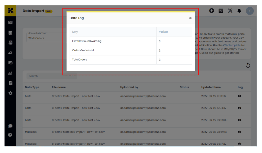 SFactrix Data Import - Data Log