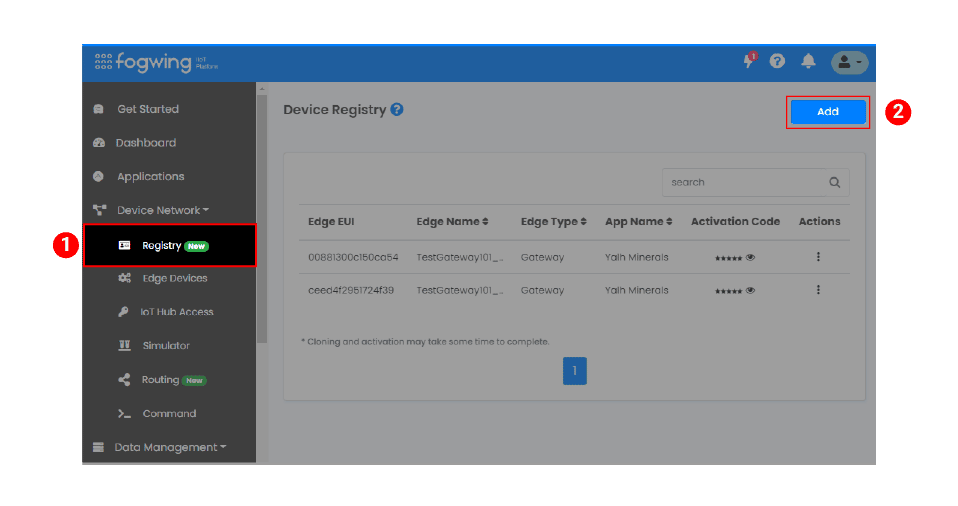 Fogwing Device Registry Page