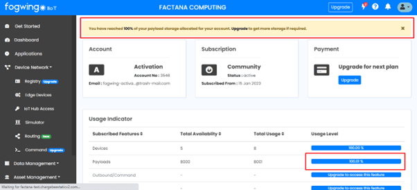 Users will receive data alert notifications through their dashboards and account page once the payload size exceeds 80%, 90%, and 100% of its limit.
