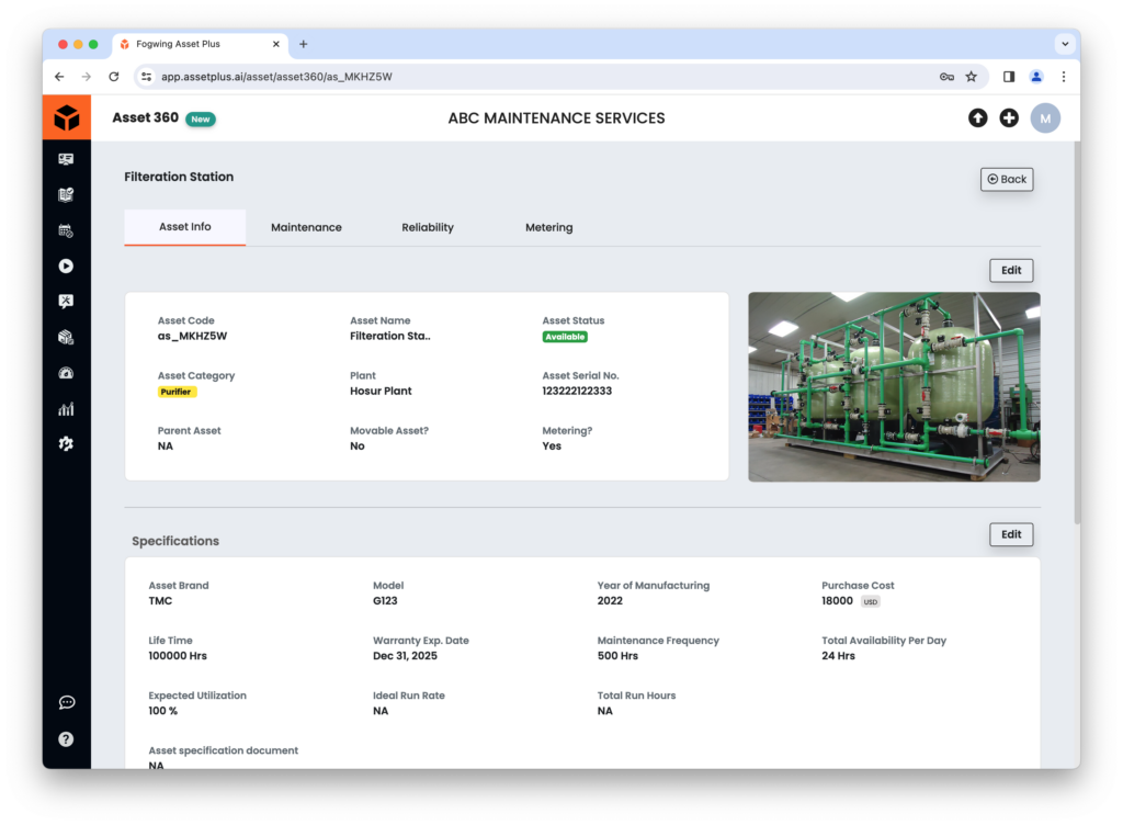 Fogwing Asset+ CMMS asset 360 view