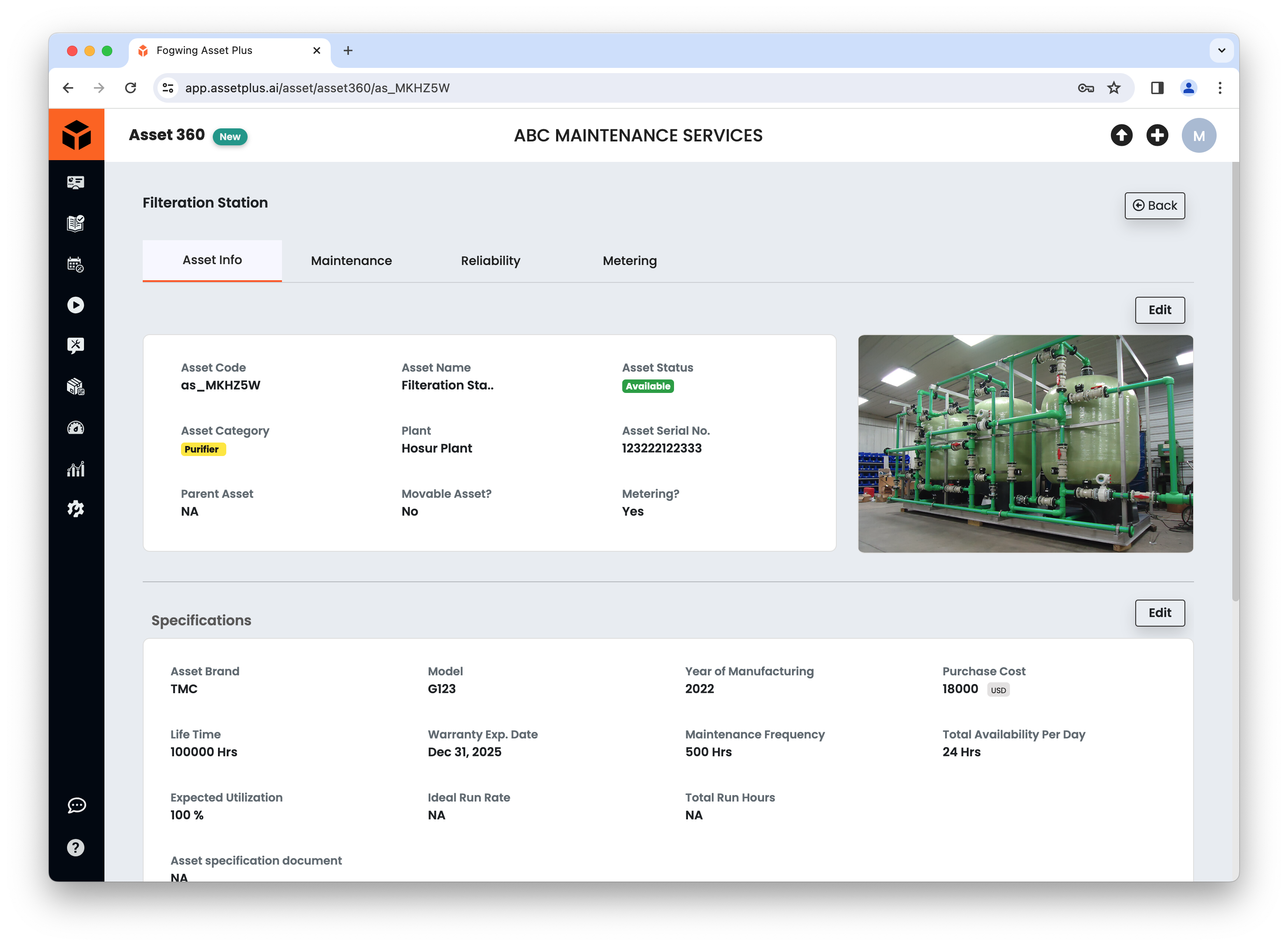 Fogwing Asset+ CMMS asset 360 view
