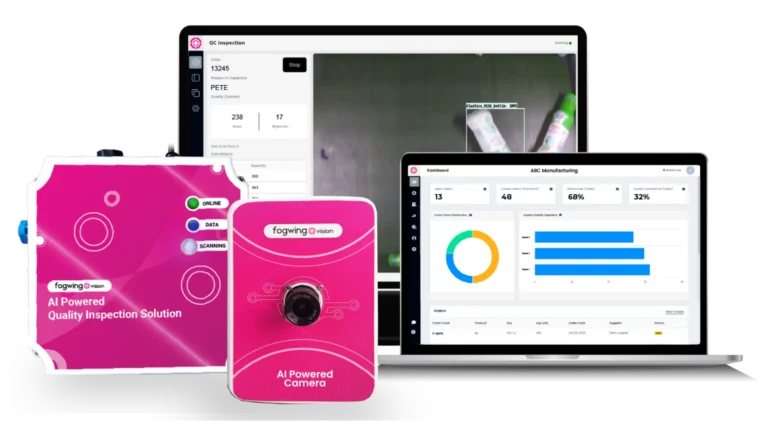 AI-powered visual inspection system showing real-time defect detection and quality metrics dashboard for smart manufacturing