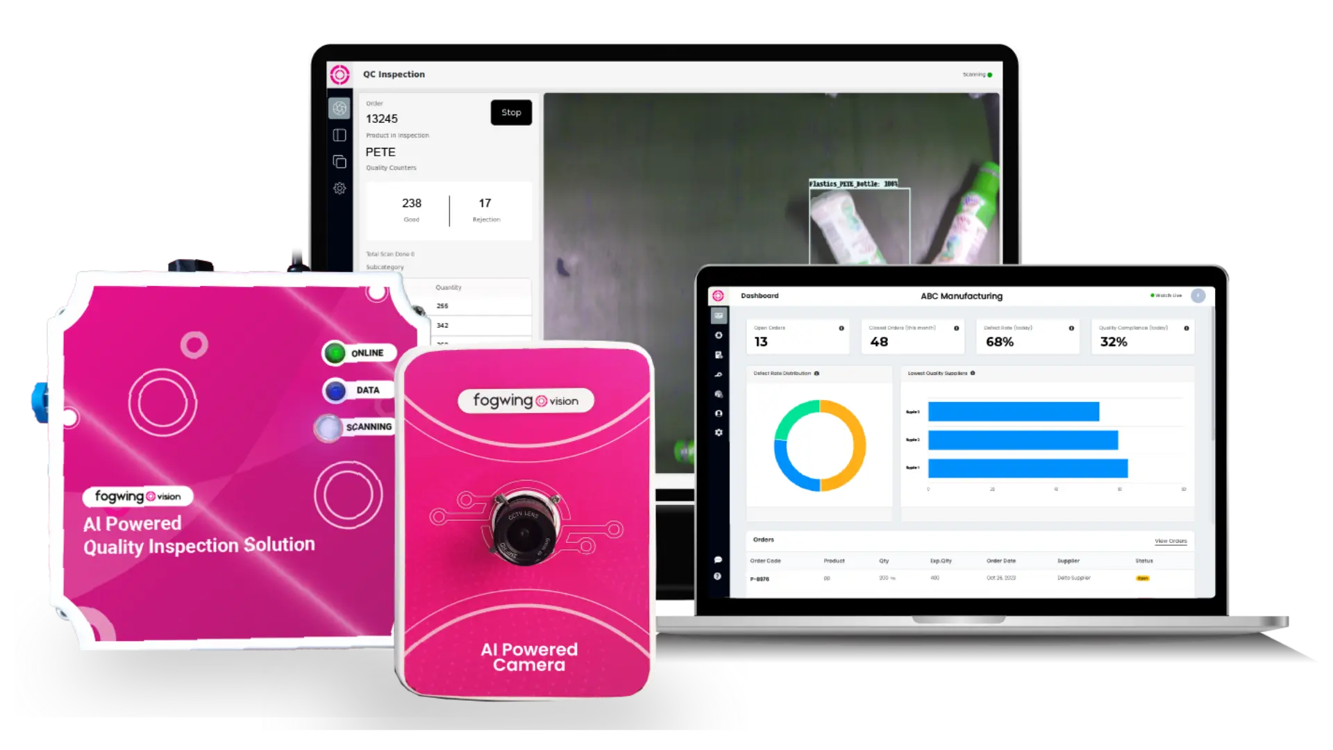AI-powered visual inspection system showing real-time defect detection and quality metrics dashboard for smart manufacturing